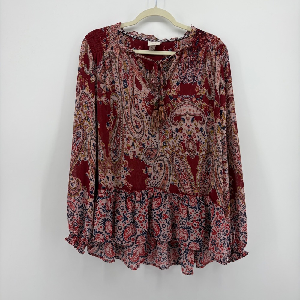 Knox Rose Womens XL Red Paisley Long Sleeve Peplum Blouse Tassel Boho Top